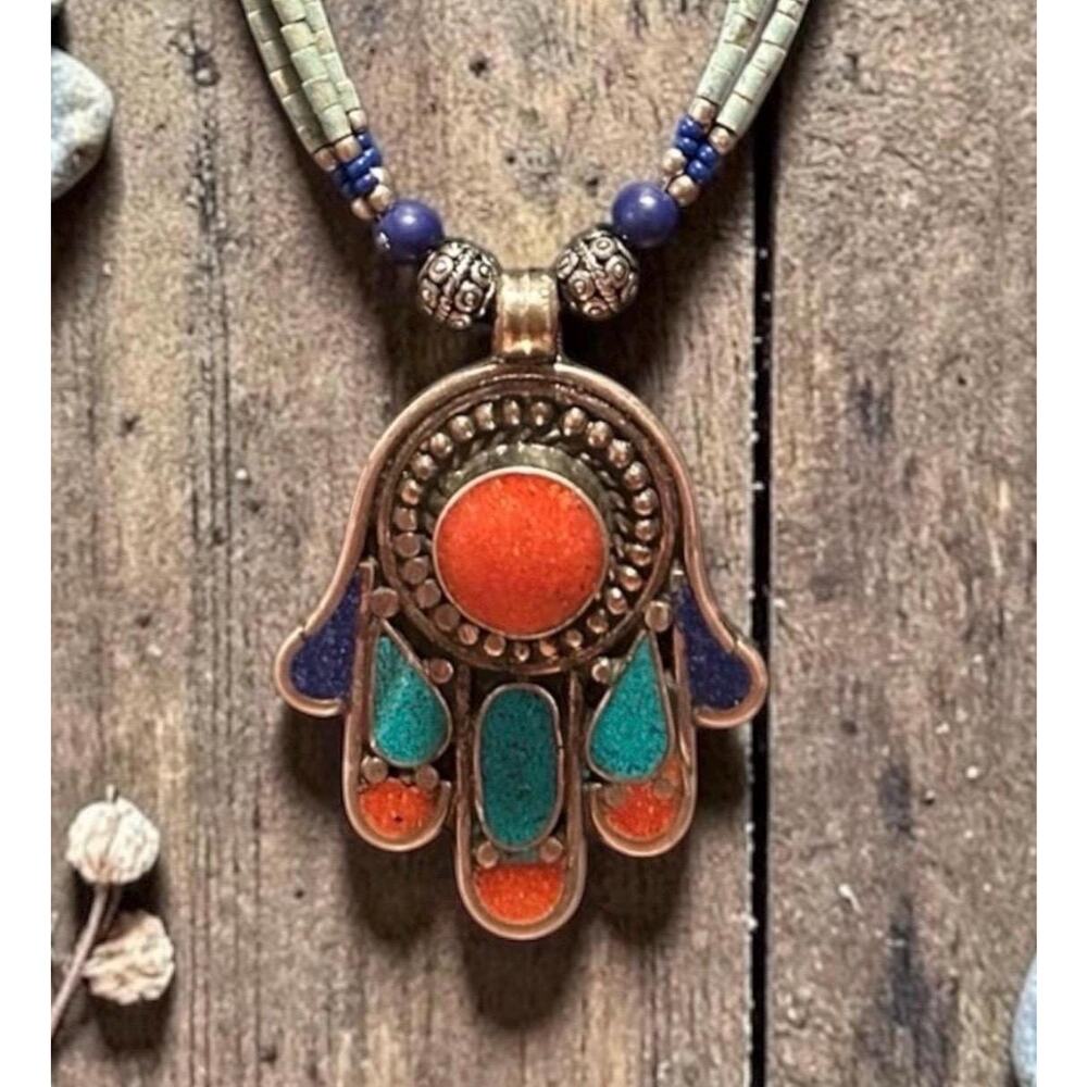 Tibetan Silver Handmade Hamsa Necklace Turquoise Coral Lapis Inlay Necklace 18”